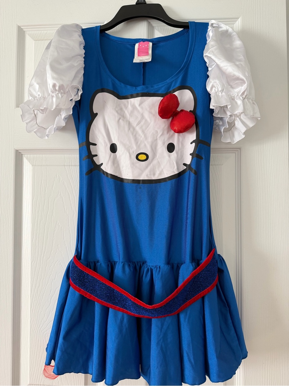 Hello Kitty Blue Dress Costume with White Puff Sleeves and Red Bow Accent